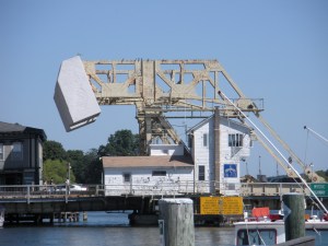 A side view of Ye Old Mystic Bridge in the down position.