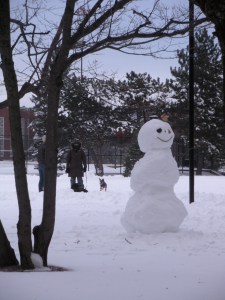 A snowperson presides over the park.