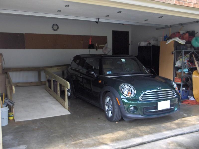 The MINI in the garage.