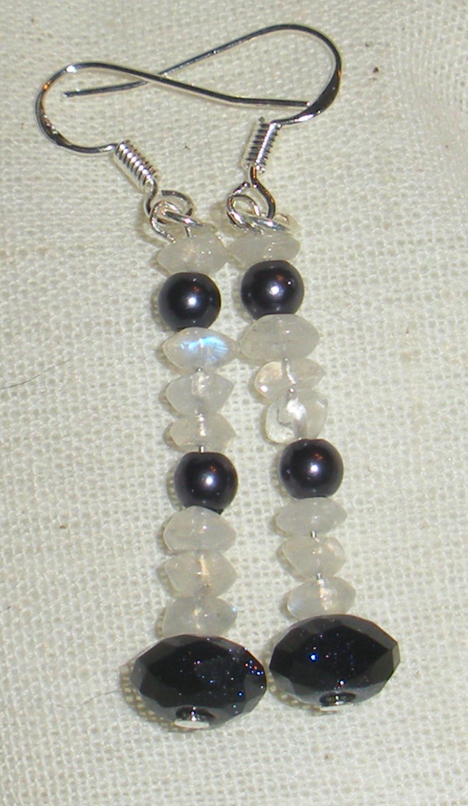 Moonstone, peacock pearl, blue goldstone.