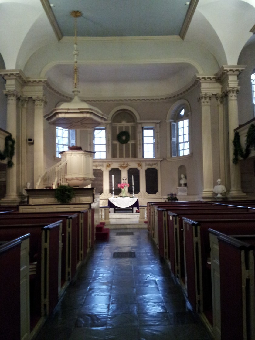 Looking towards the front of the church, with the 1717 pulpit on the left, and the 1696 Communion Table in the center.