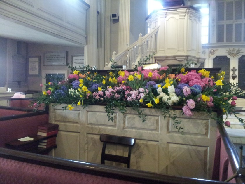 We made a platform of sorts in the pew in front of the clerk's box and the chancel committee filled it with all sorts of flowers.