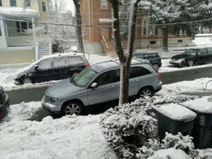 This is a lesson in How Not to Park in Snow.  The plows were having trouble getting by.  The Police showed up.  Don't be This Guy.