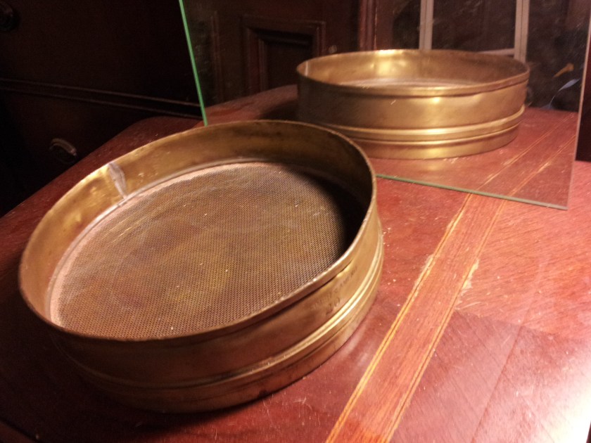 Heavy duty brass sifter.  Originally for grain or flour, we'll use it for gold panning or sifting gravel looking for gems.  $5