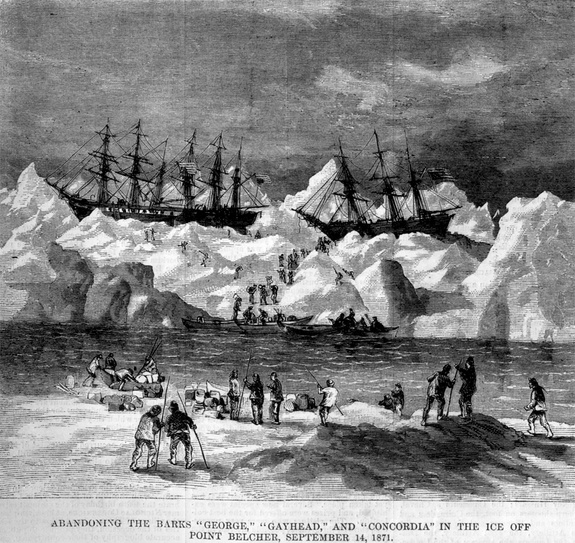 An image from Harper's Weekly showing three of the trapped whaling ships.