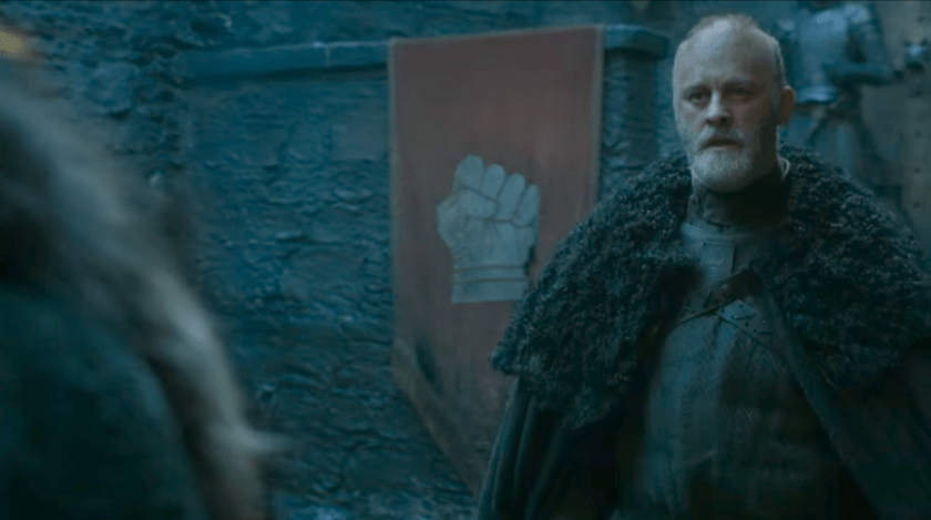 Definitely the Glover sigil. But who this guy is, we have no idea. Probably Generic Glover. In the books, he is not even a Lord, but is called the Master of Deepwood Motte.